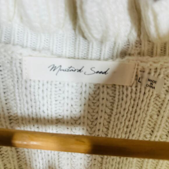 Mustard Seed Cable Knit Ruffle Neck Sweater Cream Casual Knit Long Slv - L - Picture 5 of 5